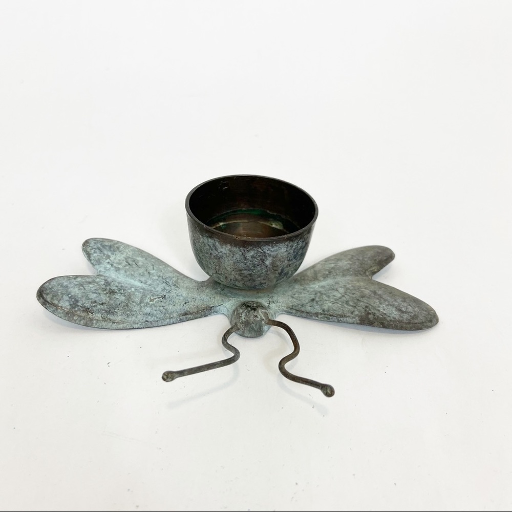 Tag Metal Dragonfly Tealight Cup Candle Holder With Green Patina